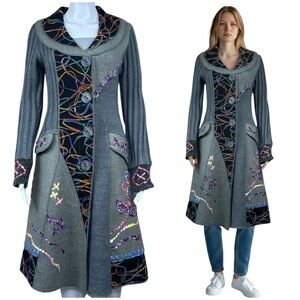 Adore Art to Wear Wool Coat Small Floral Embroidered Patchwork Boho Artsy Jacket